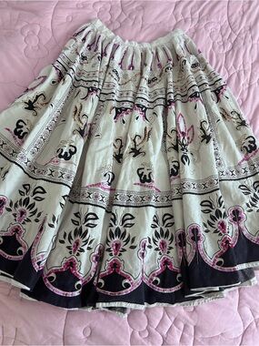 Miss Me White Midi Skirt with Black and Pink Print